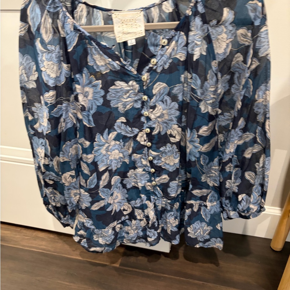 JOHNNY WAS Navy Floral Button-Front Top with Light Blue Blooms